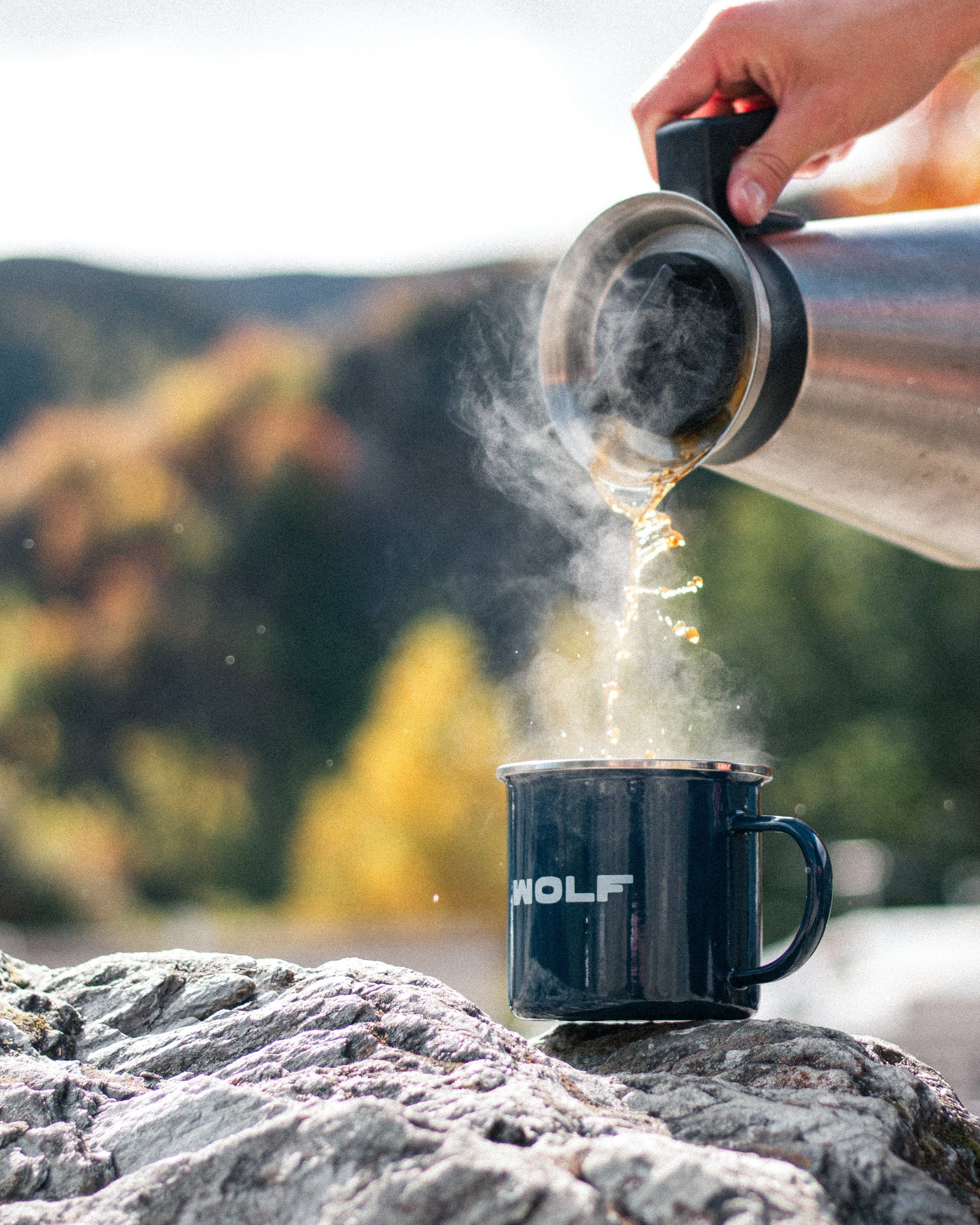 Person pouring coffee from a thermos into a mug with a scenic background