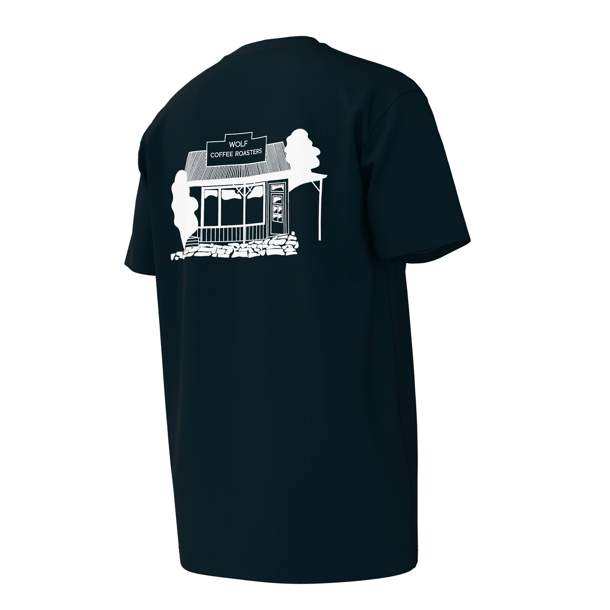 A black t-shirt shown from the back, featuring a white graphic print of the cafe 'Wolf Coffee Roasters' in Arrowtown NZ.