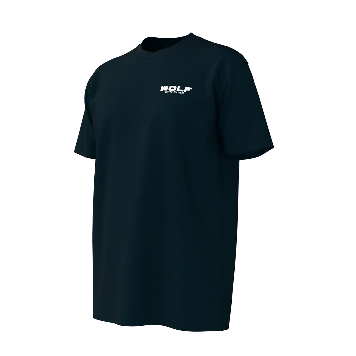 A black short-sleeve crewneck t-shirt with a white 'WOLF' logo on the chest.